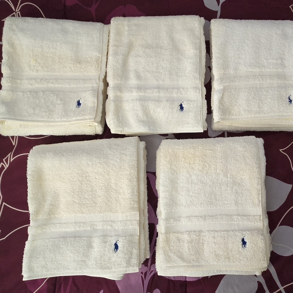 Ralph Lauren Polo Embroidered White/Cream Bath Towels - Set of 5 Vintage. NWTs